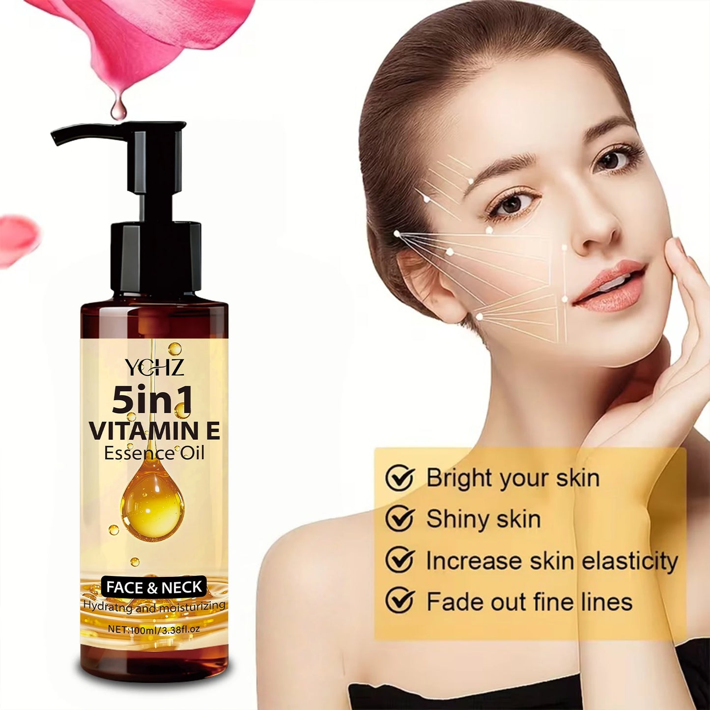 Vitamin E Essential Oil--Natural Multi-Plant Extract, Facial and Neck Massage Oil, Massage and Skincare Essence Suitable for Face, Neck, and Body, Moisturizing, Hydrating, Firming, Nourishing, Lightweight Formula